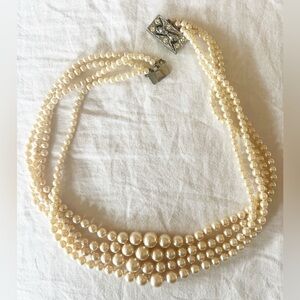 Vintage 50s/60s Imitation 3-Strand Pearl Chocker Necklace with Rhinestone Clasp